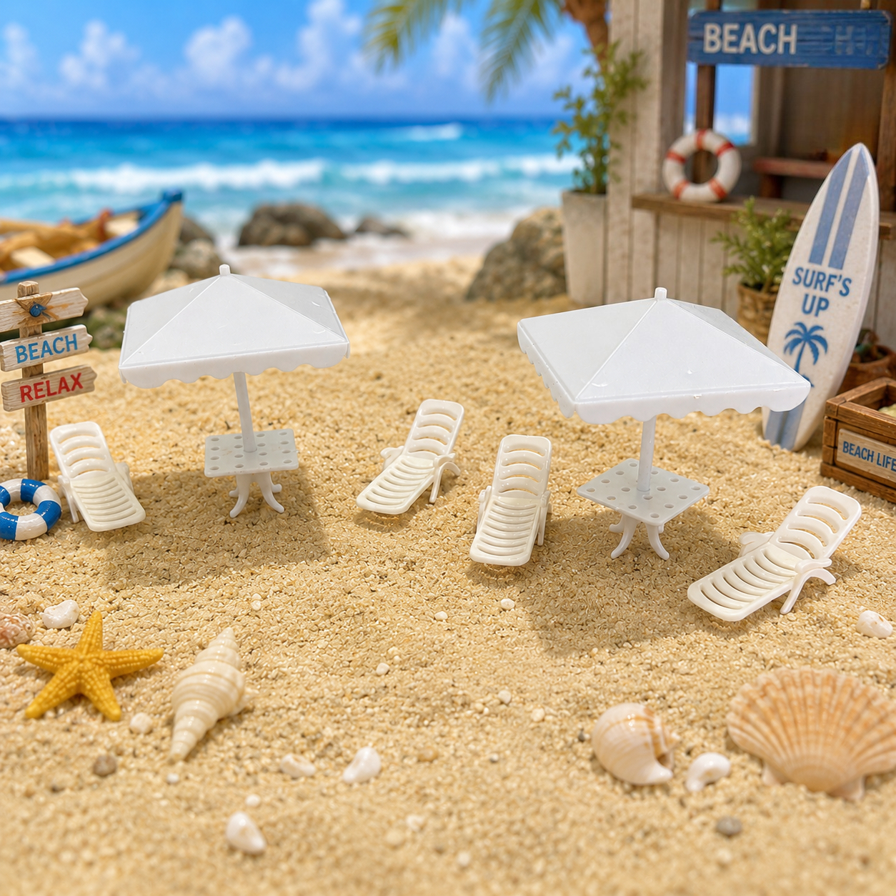 Outdoor Furniture With Umbrella - 6pcs Miniature Beach Lounge Chair &